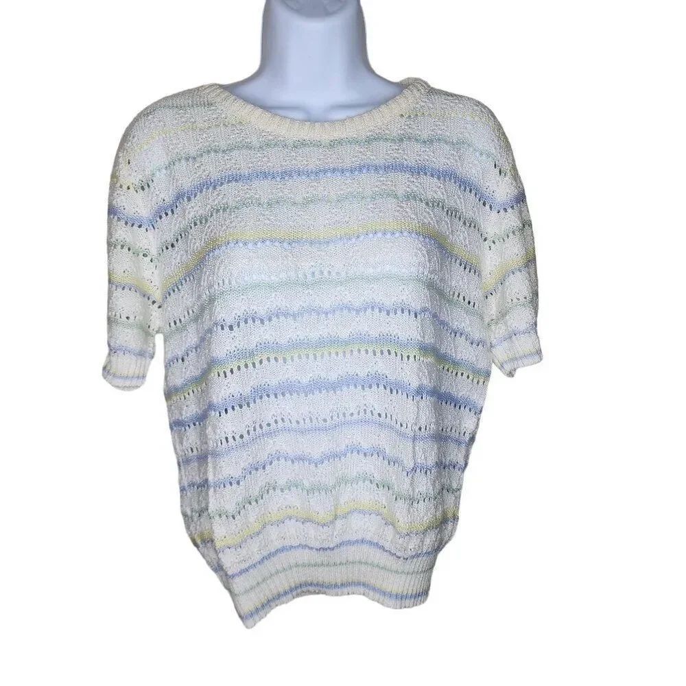 Vintage 1970s Short Sleeve Open Weave Sweater Pastel Womens L White Stripes
